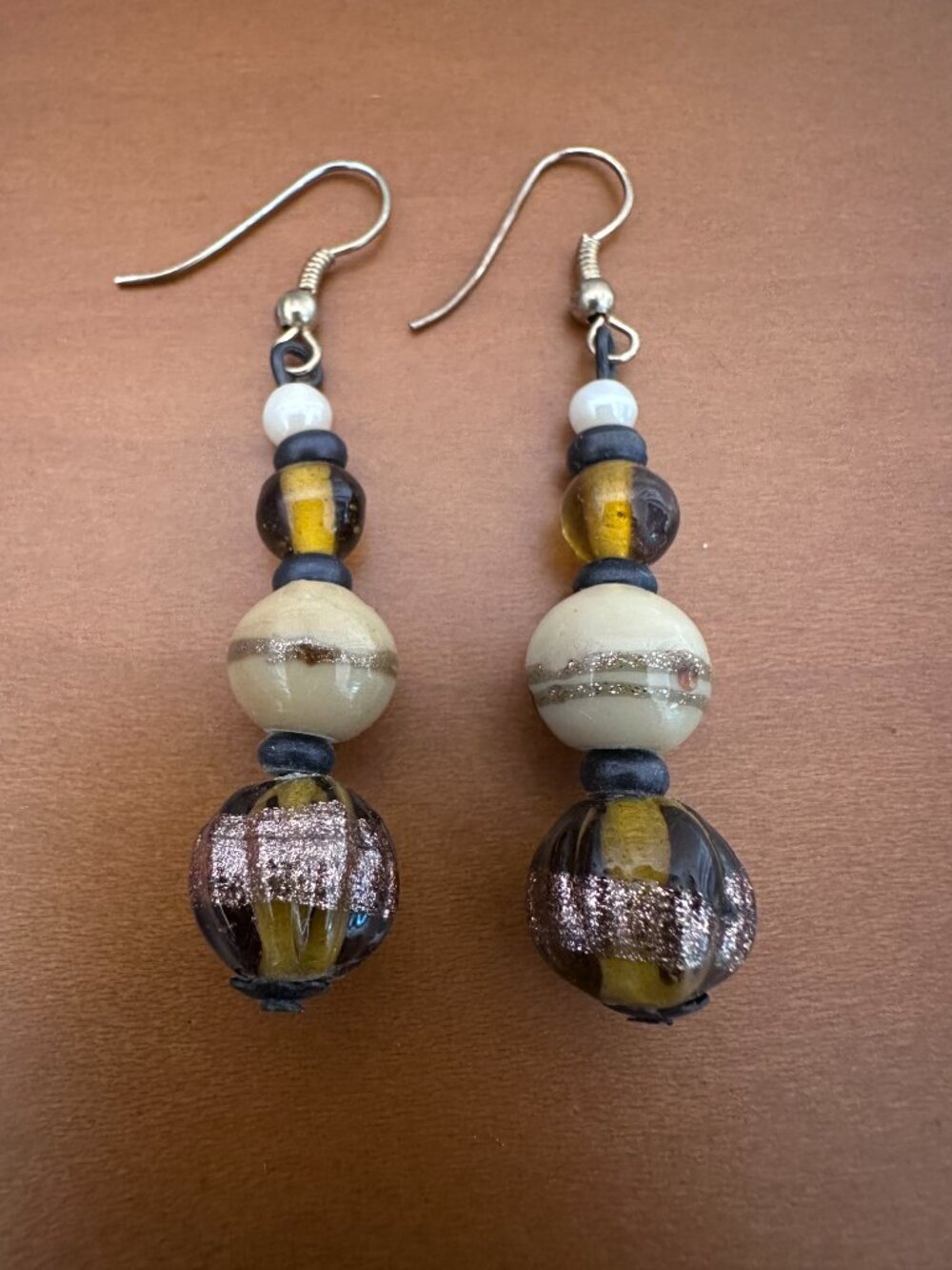 Artisan Style Beaded Dangle Earrings Brown Cream Glass Beads